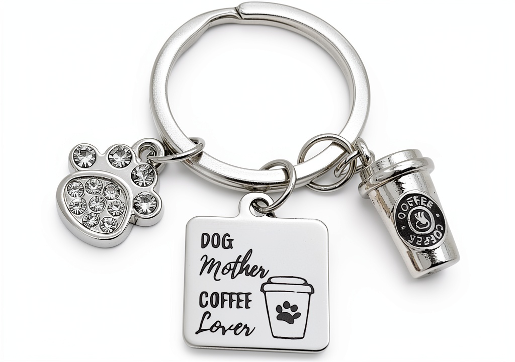'Dog Collar Charm with coffee cup and paw print design on a collar'