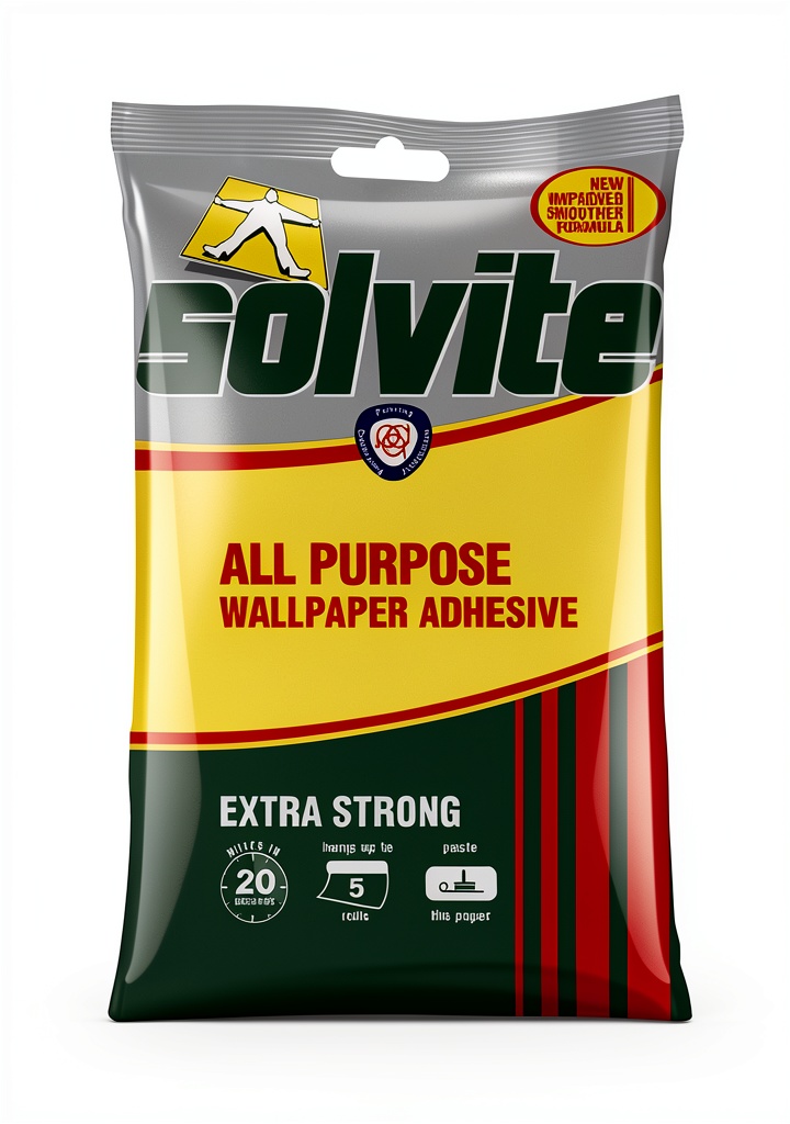 'Solvite Wallpaper Adhesive sachet on a wallpaper roll'