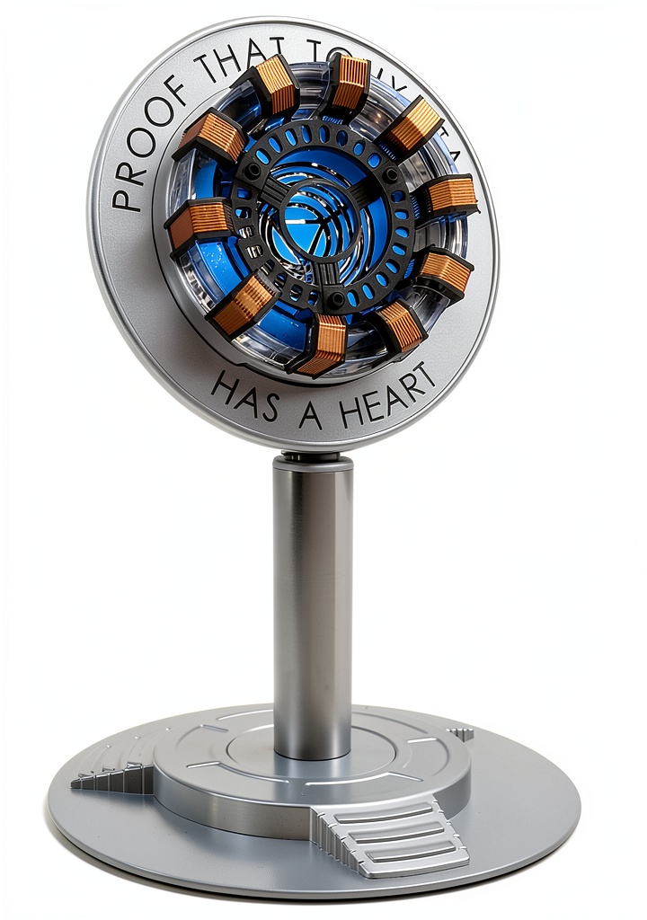 Moonacy Arc Reactor displayed on a shelf with light effects activated