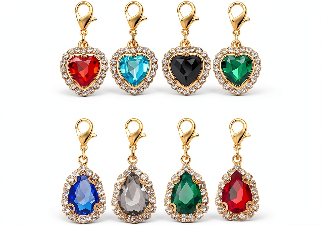 Colorful rhinestone pet collar charms attached to a dog's collar