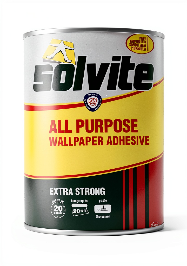'Solvite Wallpaper Adhesive box and sachets on a work surface'
