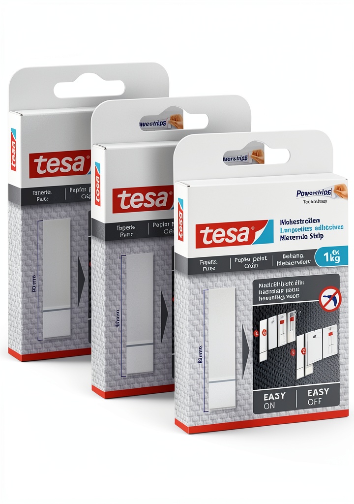 Applying tesa adhesive strips to a wall surface