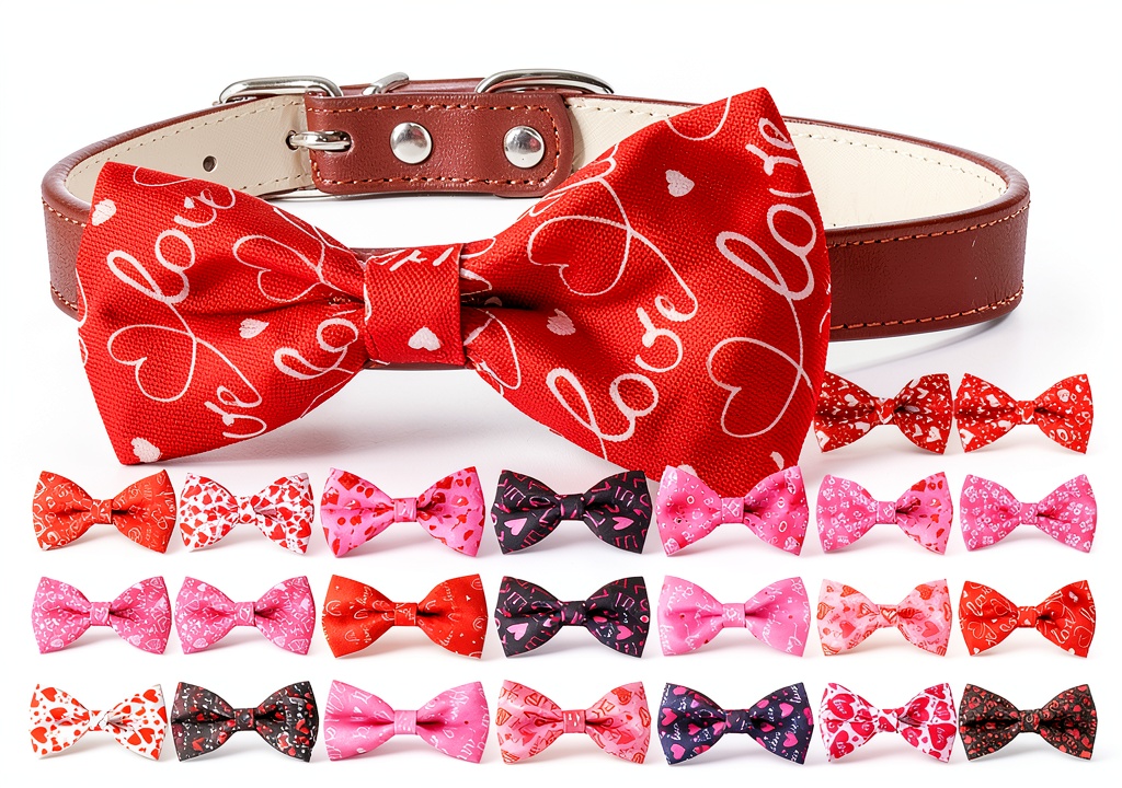 Amylove Valentines dog bows displayed on a dog collar with heart patterns