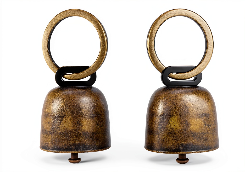 'Copper bell charm attached to a dog collar in an outdoor setting'