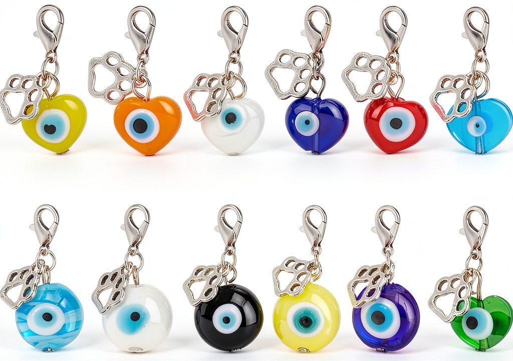 'Evil eye dog collar charms displayed on a pet collar'