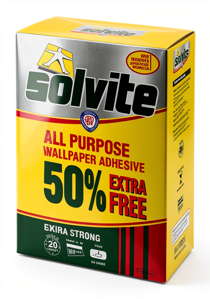 Solvite wallpaper adhesive box with sachets on a work surface